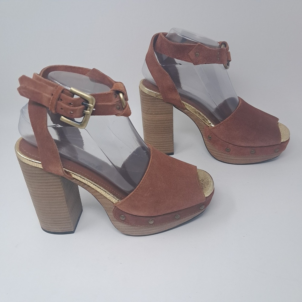 Free People Justine Suede Platform Block Heel Sandal 38 US 7.5 Brown Boho